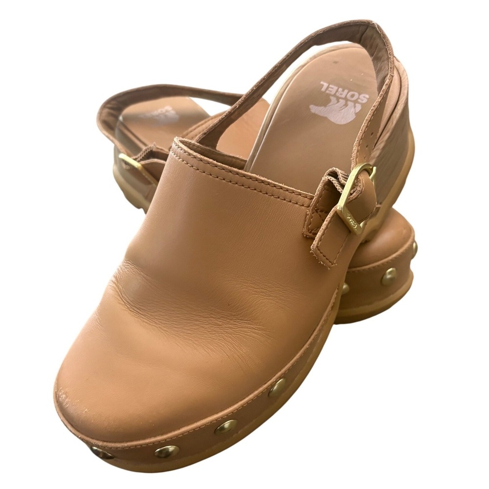 Sorel Brex Studded Leather Slingback Clog Platform Lug Sole Tan Beige Size 9